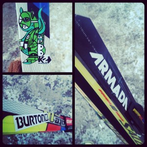 Tilasin sukset kaveriltani Rovaniemeltä, joka on vannoutunut vapaalaskija. Hänen mielestään tasaisen maan sukset kaipasivat ilmeisesti katu-uskottavaa tarratuunausta!